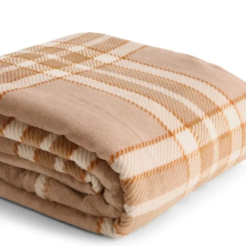 VERA BRADLEY Tan Ivory Brown Plaid Essential Throw Blanket in Fleece